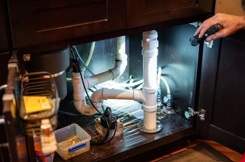 Plumber inspecting under-sink drain piping and shut-off valves with a flashlight